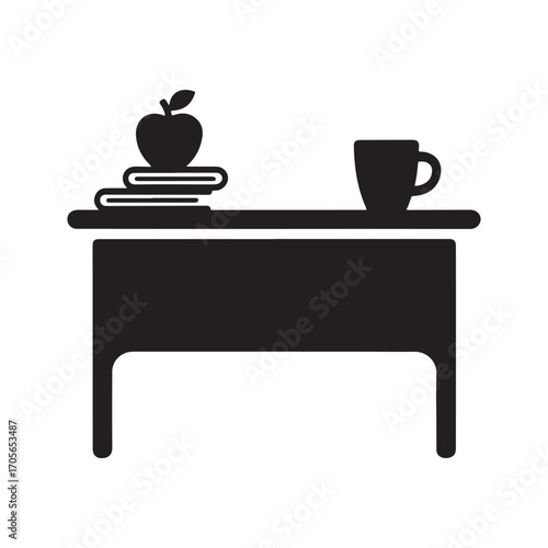 Teacher's Desk with Books, Apple, and Coffee Mug Silhouette Icon