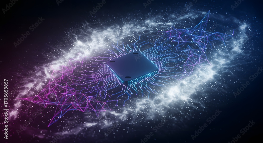 Naklejka premium AI chip with glowing quantum circuits and nebula ring symbolizing intelligent processing digital networks and futuristic tech consciousness