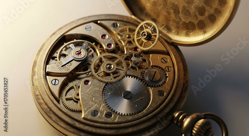 Photo of intricate golden gears and mechanisms of an open pocket watch, showcasing detailed craftsmanship