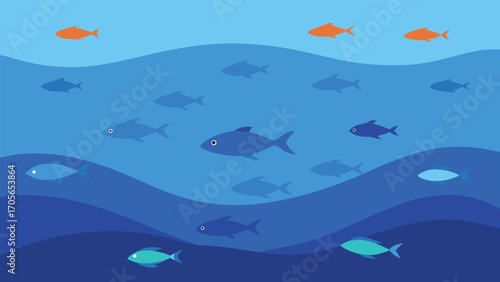 Tranquil underwater scene with orange fish resting among aquatic plants and sun rays