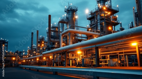 Industrial facility night scene oil refinery urban landscape steel structures industrial environment dramatic viewpoint city concept