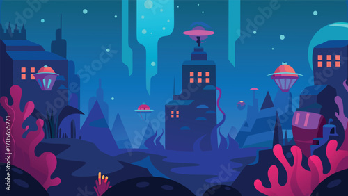 Tranquil underwater vista schools of fish swimming in deep blue ocean vector illustration