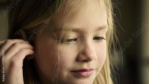 Girl Adjusting Hearing Aid.