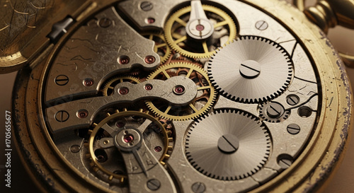 Photo of intricate clockwork mechanism of an antique pocket watch, showcasing detailed gears and springs