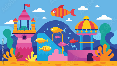 Vibrant bustling underwater marketplace scene with marine life and buildings vector illustration