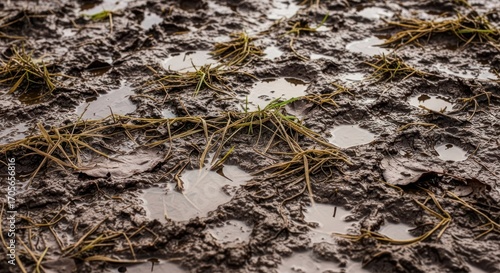 Muddy ground with puddles and grass. Wet soil after rain.