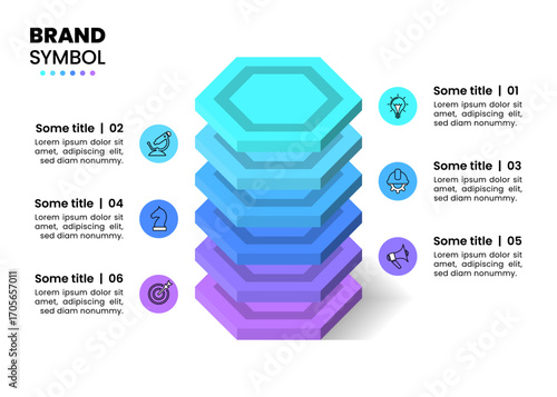 Infographics template. Tower with hexagons and 6 steps