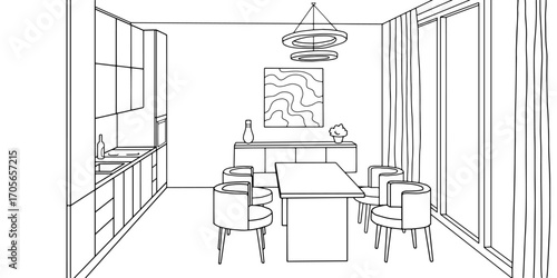 Kitchen room graphic black white home interior sketch illustration vector 