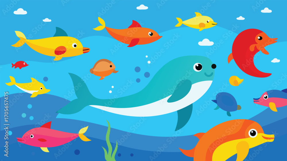 Naklejka premium Vibrant underwater festival celebration with schools of fish and glowing jellyfish