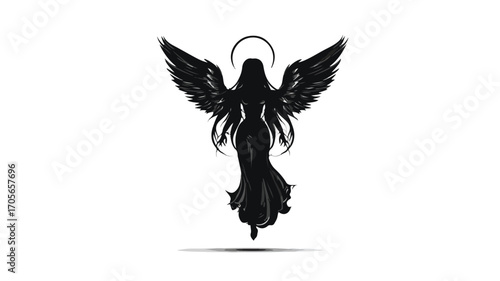 Elegant Silhouette of Angel with Wings and Halo Vector Illustration