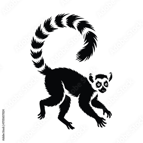 Black and white illustration of a lemur with its iconic ringed tail and curious eyes