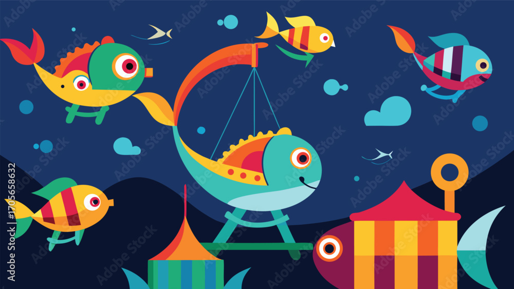 Obraz premium Whimsical mermaid swimming through underwater world with fish and coral vector illustration