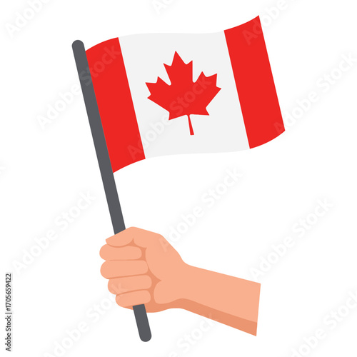 Flat vector illustration of a hand holding the Canadian national flag, isolated on a white background. Symbol of patriotism and support