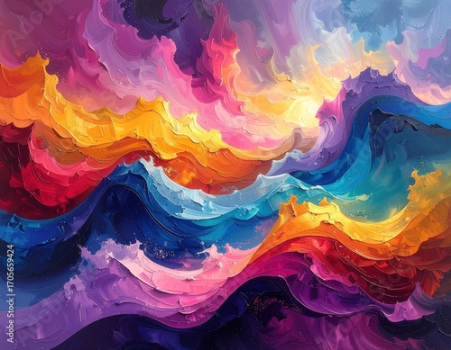 A vibrant abstract painting showcases layered, textured waves of color, radiating energy and emotion.
