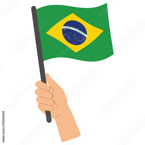 Vector illustration of a hand holding the flag of Brazil. National symbol for patriotism, sports, and South American culture. Flat isolated graphic