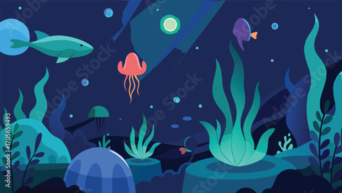 Whimsical underwater city with fish and bubbles vector illustration scalable eps icon