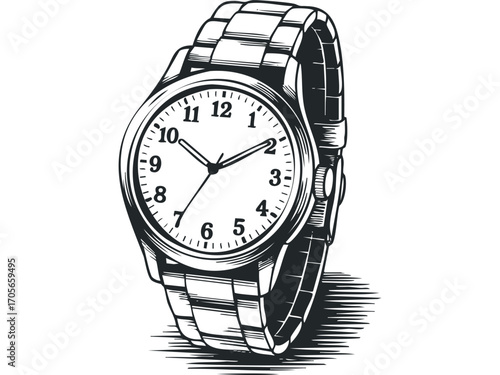 Classic wrist watch with metal band and clock face. Vector hand drawn illustration