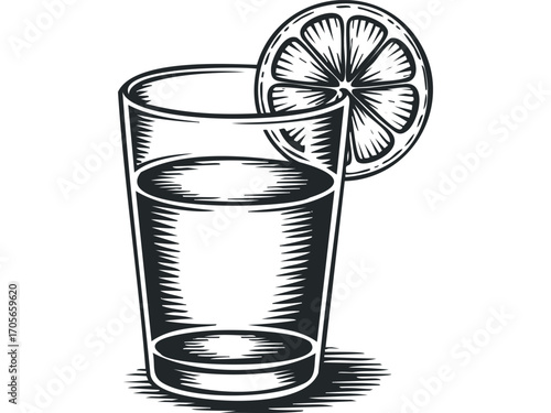 Tall glass of beverage with lemon slice. Vector hand drawn illustration