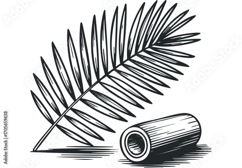 Sketch of a Palm Frond and Wooden Log on Transparent Background. Vector hand drawn illustration