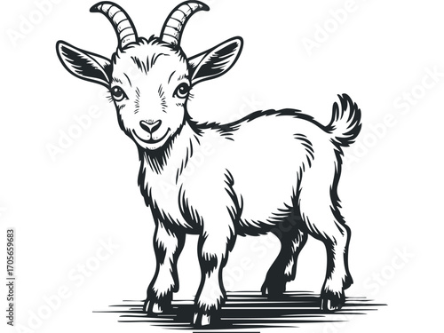 Line art drawing of a young goat with horns and a playful expression on a transparent background.. Vector hand drawn illustration