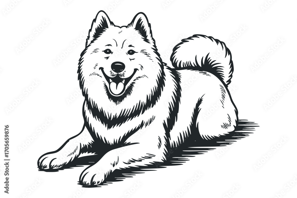 Naklejka premium Fluffy dog with wagging tail in a linocut style. Vector hand drawn illustration
