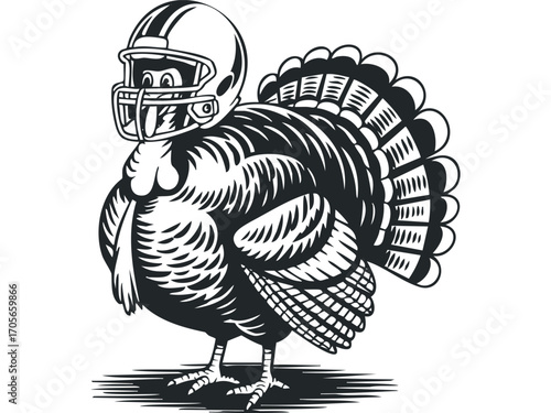 Turkey Wearing Football Helmet Graphic. Vector hand drawn illustration