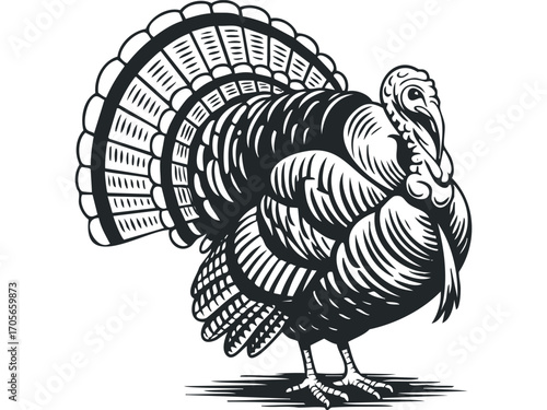 Detailed graphic of a turkey with spread tail feathers on a transparent background. Vector hand drawn illustration
