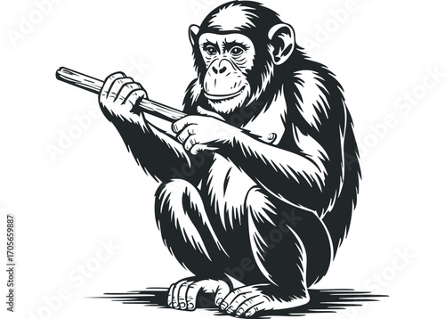 Chimpanzee holding a stick on transparent background. Vector hand drawn illustration