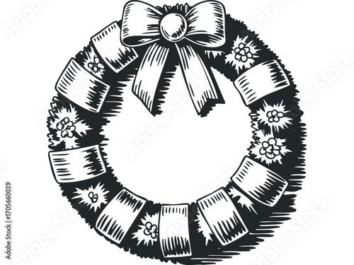 Monochromatic Christmas Wreath with Bow and Holly on Transparent. Vector hand drawn illustration