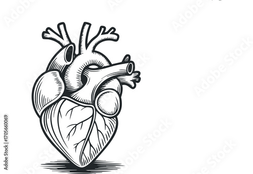 Engraved Anatomical Heart Graphic Isolated. Vector hand drawn illustration