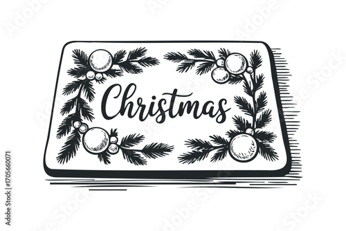 Festive Christmas greeting with pine branches and ornaments. Vector hand drawn illustration