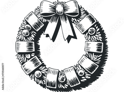 Black and White Festive Wreath with Bow and Ornaments. Vector hand drawn illustration