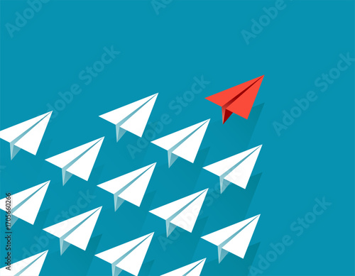 Flying paper planes. White planes with red leader at the head. Leadership business concept. Vector illustration