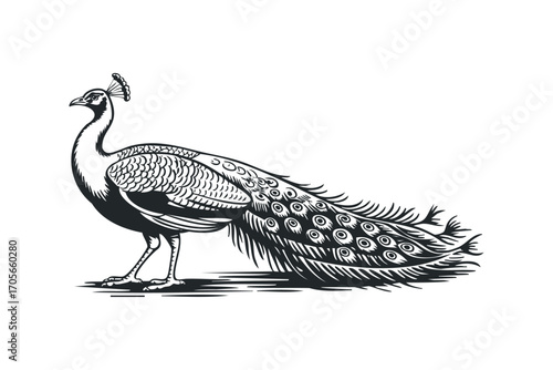 Peacock isolated on white. Vector hand drawn illustration