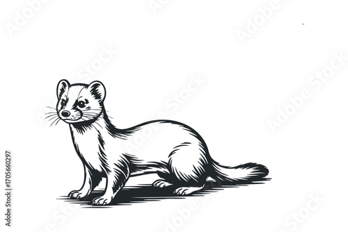 Vector graphic of a small ferret in a static pose, black and white line art. Vector hand drawn illustration
