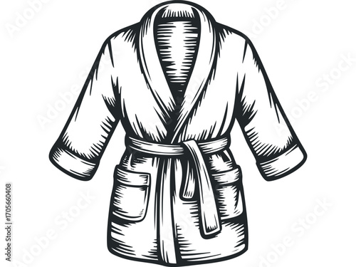 Textured black and white illustration of a belted bathrobe on a transparent background. Vector hand drawn illustration