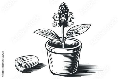 Potted plant with blooming flower and fallen cap on transparent background. Vector hand drawn illustration