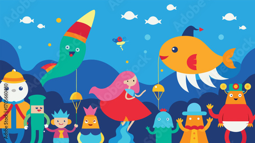Whimsical underwater garden with colorful sea creatures and glowing flora