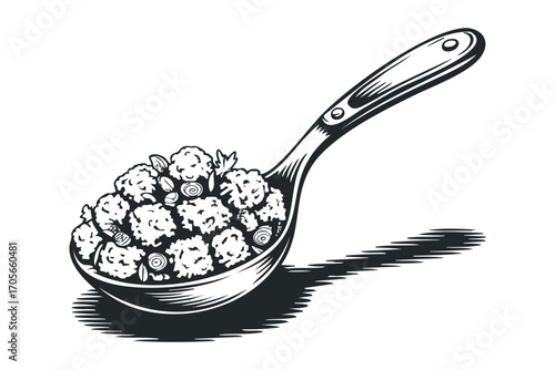 Single Spoon Filled With Meatballs. Vector hand drawn illustration