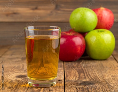 Glass of apple juice with apples on a wooden table