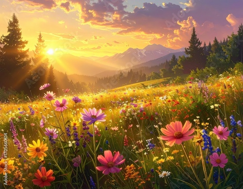 A vibrant meadow bursting with colorful wildflowers under a radiant sunrise, showcasing a serene mountain landscape.