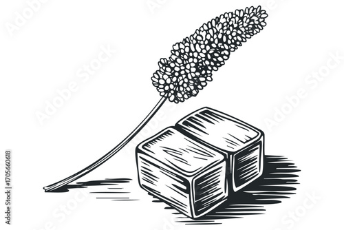 Hand Drawn Ink Sketch of Mulberry Branch with Berries and Sugar Cubes on Transparent. Vector hand drawn illustration