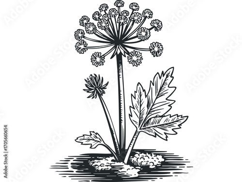 Wild Carrot Plant with Flower Umbel and Leaves. Vector hand drawn illustration