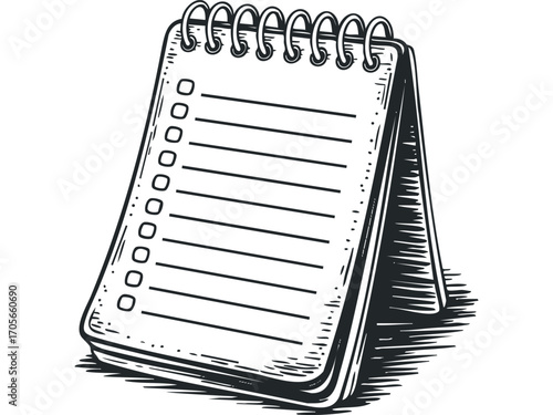 Open Spiral Notebook with Checklist and Lined Pages. Vector hand drawn illustration