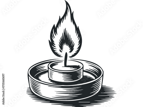 Engraved style burning candle on transparent background. Vector hand drawn illustration