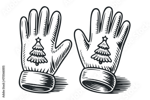 Vintage Christmas gloves with festive tree motif. Vector hand drawn illustration