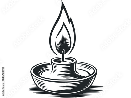 Antique oil lamp with flame. Vector hand drawn illustration
