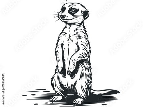 Pencil sketch of a meerkat standing on hind legs in a watchful pose. Vector hand drawn illustration