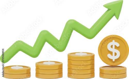 3D Rendered Illustration of Growing Financial Success Upward Trend of Gold Coins and Profits