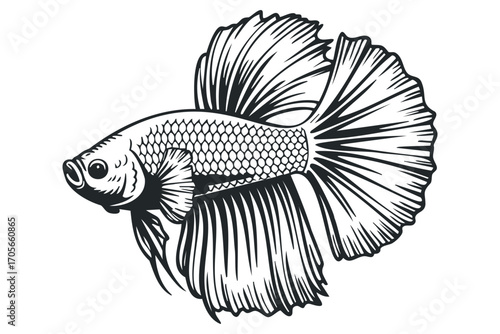 Elegant Siamese Fighting Fish, Beta Splendens, in Black and White. Vector hand drawn illustration